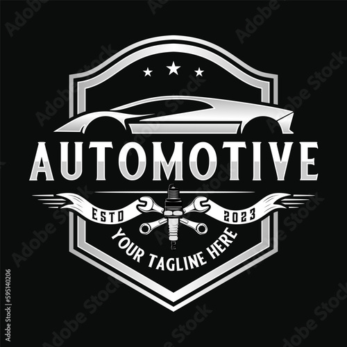 automotive logo design. abstract car in frame with wrench and spark plug symbols, for car repair shop