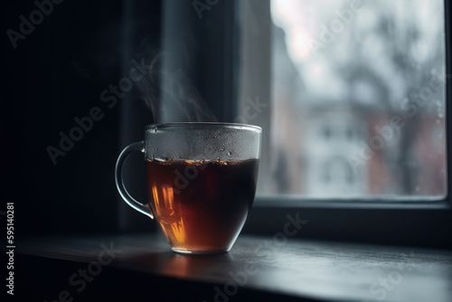 This stunning image depicts a warm, cozy morning scene with a hot cup of tea and beautiful view outside the window. The vintage wooden table and natural enhance the mood and relaxation. Generative AI.