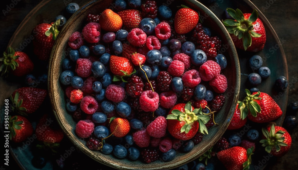 Abundance of fresh berry fruit on rustic table generated by AI Abundance of fresh berry fruit on rustic table generated by AI