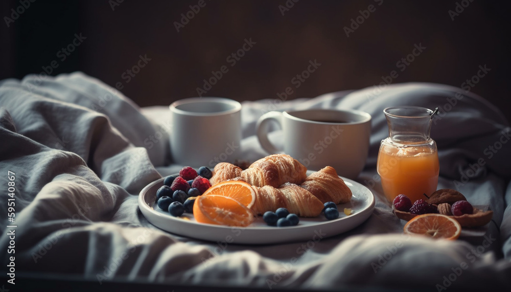 Fresh breakfast tray on rustic wooden bed generated by AI Fresh breakfast tray on rustic wooden bed generated by AI