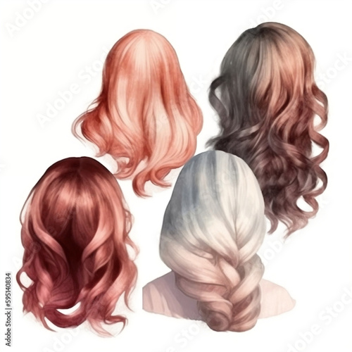 Watercolor set of woman hairstyles isolated on white. Generative ai.