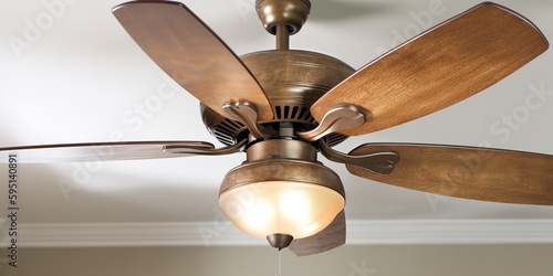 The gentle whir of a ceiling fan disperses the scent of a recently cleaned room with all surfaces wiped and polished, concept of Air circulation patterns, created with Generative AI technology photo