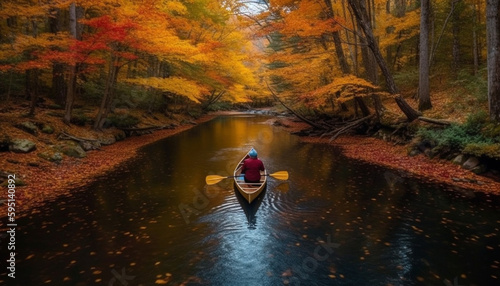 Men and women canoeing in tranquil autumn forest generated by AI