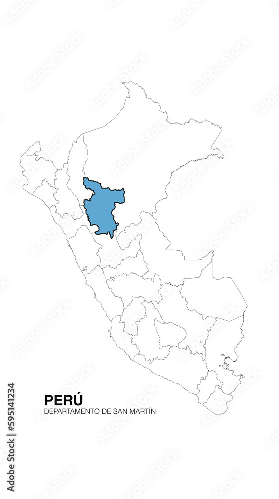 Map of Peru, located in the department of San Martín, high quality vector graphic.