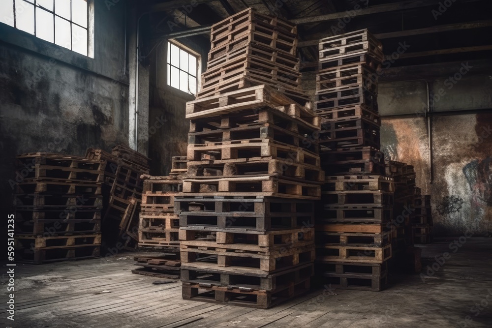 stacked wooden pallets in a warehouse. Generative AI