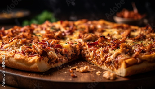 Freshly baked homemade pizza on rustic table generated by AI