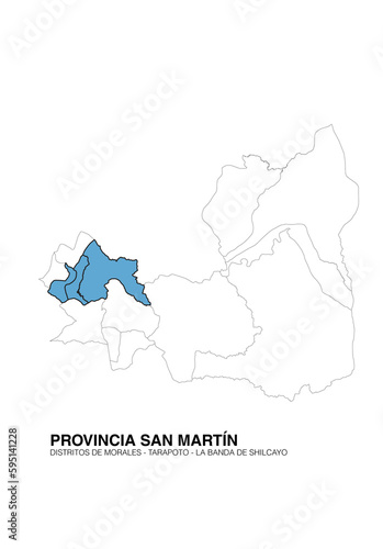 Map of the province of San Martín, locating the districts of Tarapoto, Morales and La banda de Shilcayo, high quality vector graphic. photo