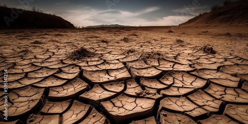 A cracked earth landscape, depicting the devastating consequences of drought and desertification, concept of Environmental degradation, created with Generative AI technology