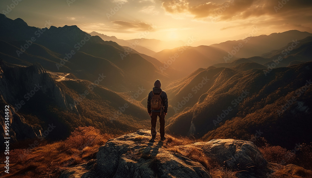 Men hiking mountain peak, backpacks, enjoying nature beauty generated by AI