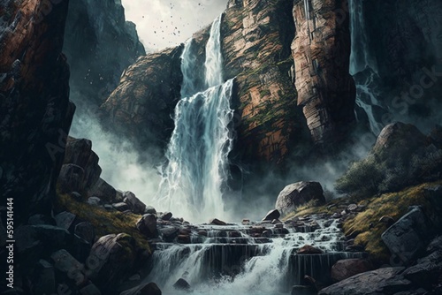 waterfall cascades down the high rocks created with Generative AI technology