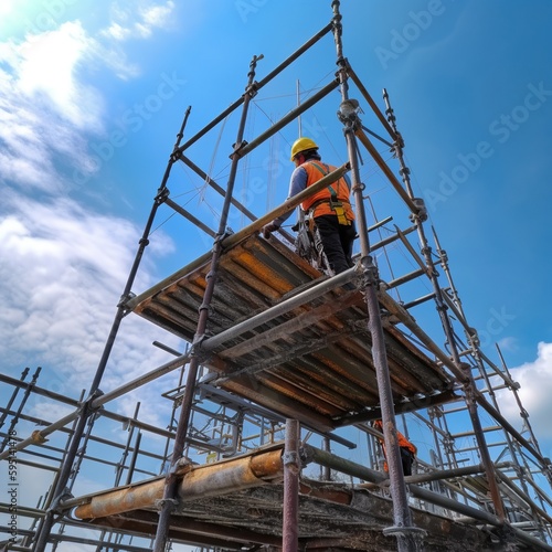 worker on high with scaffolding wear dresses and safety man with harness safety concept on steel structures success from work in site construction building on blue sky background. generative ai