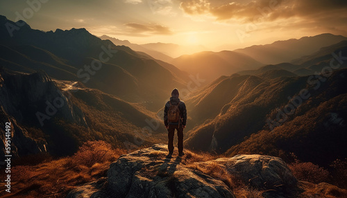 Men hiking mountain peak, backpacks, enjoying nature beauty generated by AI © Stockgiu