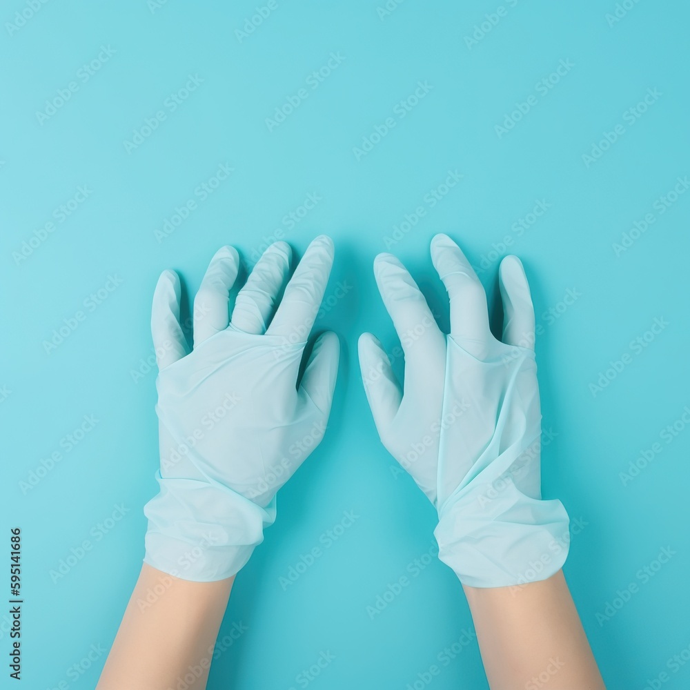 Doctor's hands in medical gloves in shape of heart on blue background. Banner for website with copy space. generative ai Doctor's hands in medical gloves in shape of heart on blue background. Banner for website with copy space. generative ai