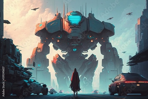 human is facing an oversized futuristic robot created with Generative AI technology