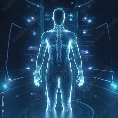 Medical hologram with body and HUD examination. Concept of modern healthcare. Human hologram examination in the future. generative ai