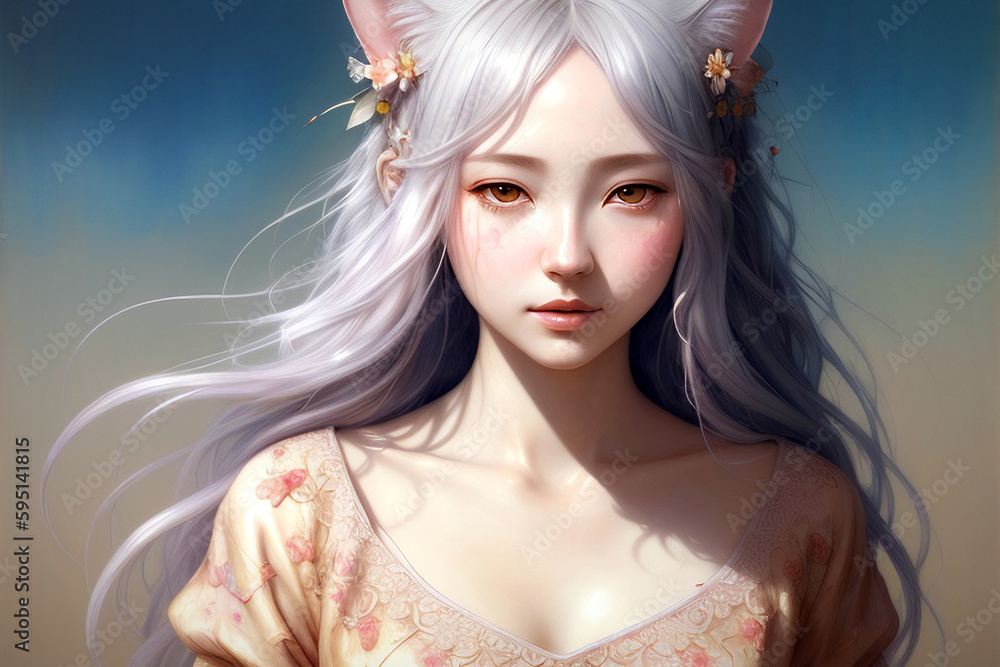 A girl with white hair and a cat tail, Generated by Generative AI