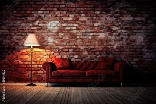 modern red couch against a rustic brick wall. Generative AI