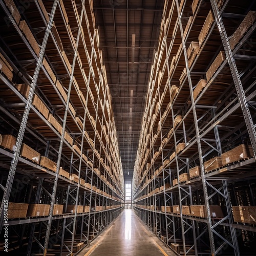 Industrial and logistic warehouses. Commercial storage facility. Massive distribution warehouse with tall shelves. View from a low vantage point. generative ai