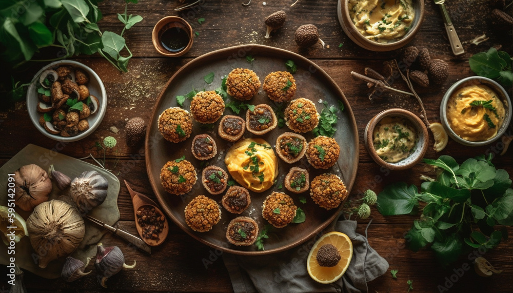 Gourmet homemade meatball appetizer on rustic table generated by AI Gourmet homemade meatball appetizer on rustic table generated by AI