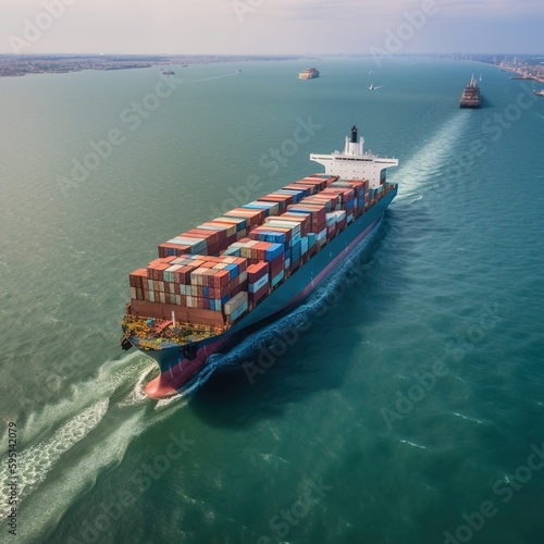 Container ship leaving the port,aerial view. generative ai