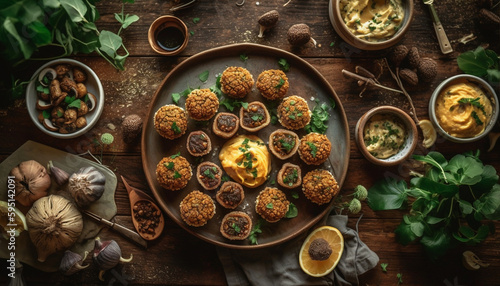 Gourmet homemade meatball appetizer on rustic table generated by AI