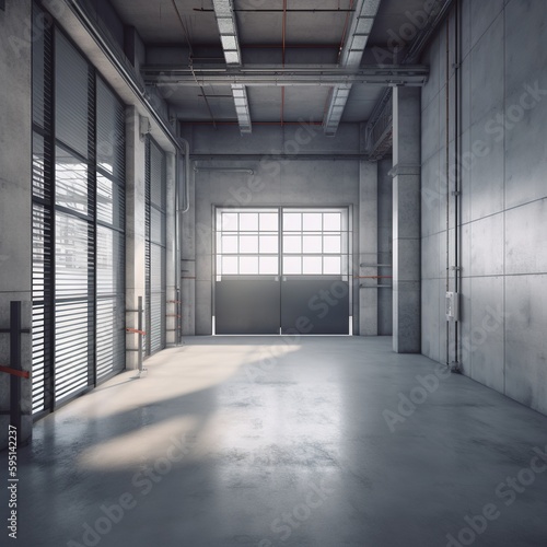 Factory or warehouse or industrial building. Protection with roller door or roller shutter. Modern interior design with concrete floor  steel wall and empty space for industry background. generative a