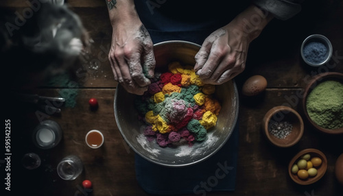 Hand mixing ful flour in rustic bowl generated by AI