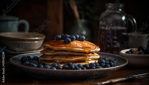 Fresh berry pancakes on rustic wooden table generated by AI
