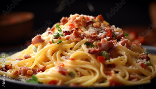 Homemade fettuccine with parmesan and bacon sauce generated by AI