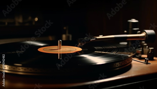 Spinning old fashioned gramophone in nightclub nostalgic atmosphere generated by AI