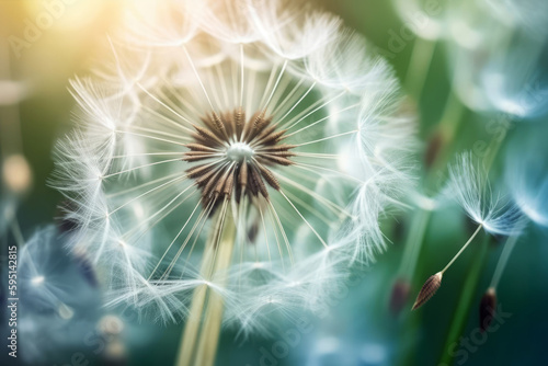 A delicate dandelion seed head  its fluffy white plumes ready to be carried off on the wind. Summer and spring season. Beautiful floral background. Green natural wallpaper.Macro art. Generative AI.