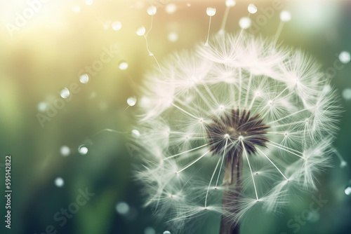 A delicate dandelion seed head  its fluffy white plumes ready to be carried off on the wind. Summer and spring season. Beautiful floral background. Green natural wallpaper.Macro art. Generative AI.