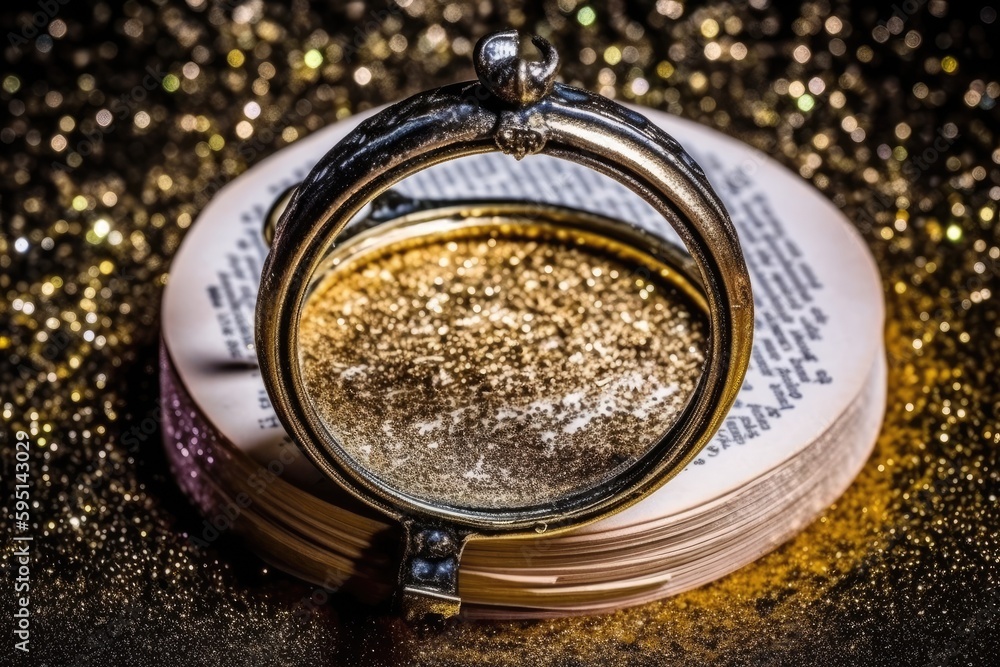 golden ring resting on a stack of old books. Generative AI golden ring resting on a stack of old books. Generative AI