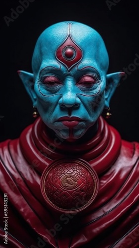 Blue Spirit Guide in Red Robe: Sci-Fi Fantasy Illustration