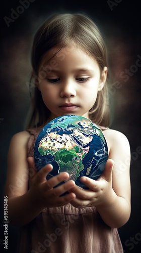 Little Girl Holds the World in Her Hands. Generative AI.