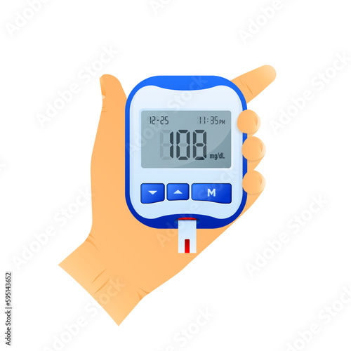 Glucometer. Medical Equipment for diabetes diagnosis. Blood glucose meter level test. Diabetes testing. Checking blood sugar level by glucometer. Vector illustration.