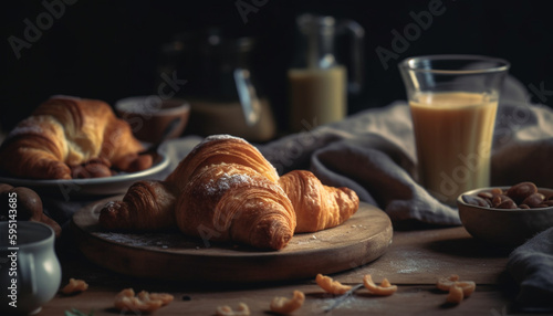 Freshly baked croissants and brioche on tray generated by AI