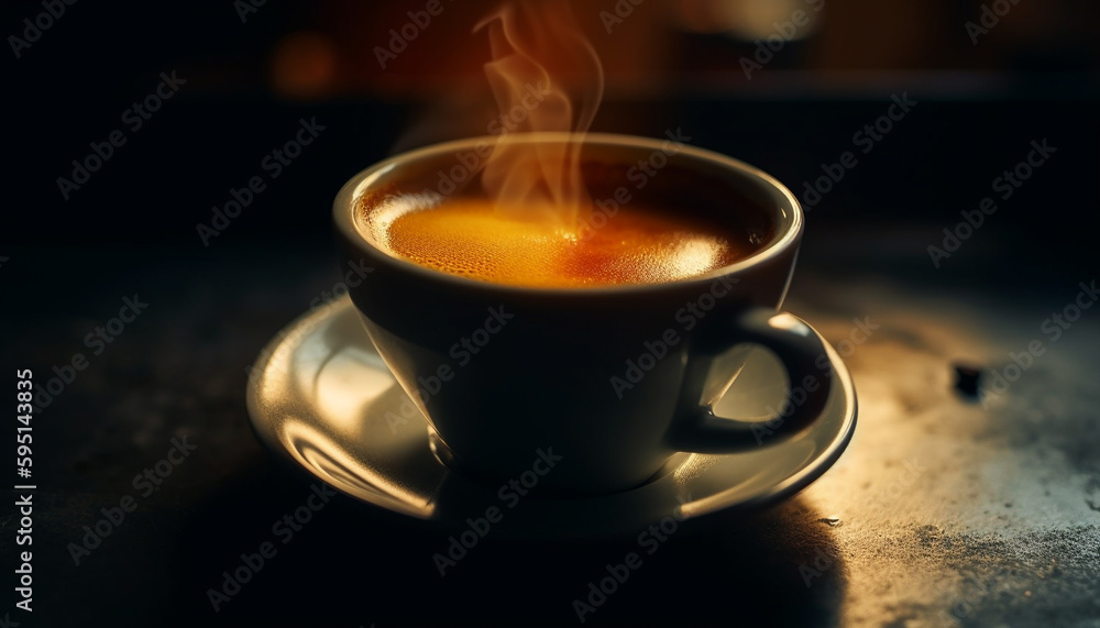 Fototapeta premium Dark coffee cup steams with scented elegance generated by AI