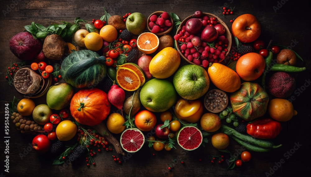 Fresh citrus fruits on wooden table background generated by AI