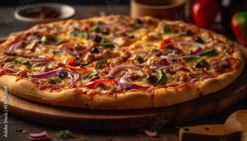 Wallpaper Mural Freshly baked pizza on rustic wooden table generated by AI Torontodigital.ca