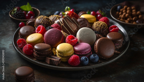 Freshly baked macaroons with raspberry and chocolate generated by AI © Stockgiu