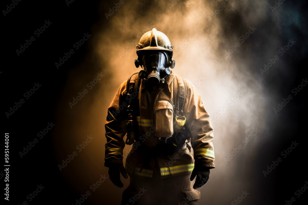Fototapeta premium Firefighter with breathing apparatus portrait with smoke in background, high quality generative ai