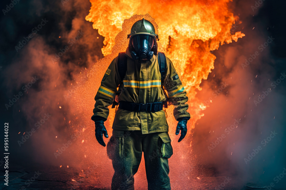Firefighter with breathing apparatus portrait with fire background, high quality generative ai Firefighter with breathing apparatus portrait with fire background, high quality generative ai