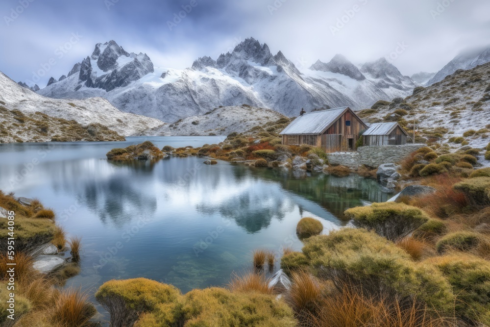serene lake nestled among snow-capped mountains. Generative AI