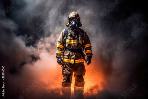 Firefighter stepping out of fire and smoke, high quality generative ai