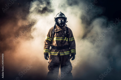 Firefighter with breathing apparatus stepping out of smoke, high quality generative ai