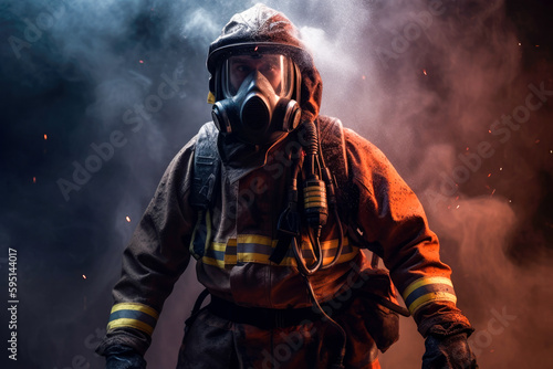 Firefighter with breathing apparatus stepping out of fire and smoke, high quality generative ai