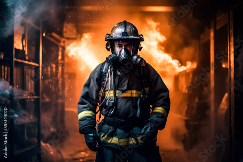 Firefighter with breathing apparatus in front of burning room with fire and smoke, high quality generative ai