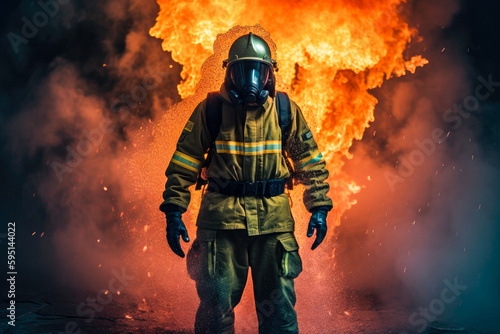 Firefighter with breathing apparatus portrait with fire background, high quality generative ai
