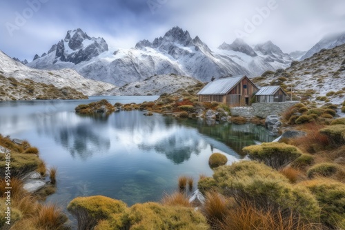 serene lake nestled among snow-capped mountains. Generative AI